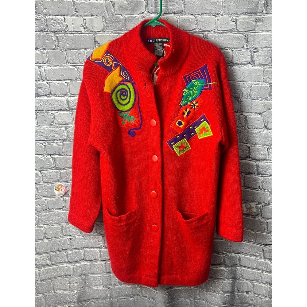 I.B. Diffusion Cardigan Sweater Womens L Red Vintage 90s Mohair Abstract